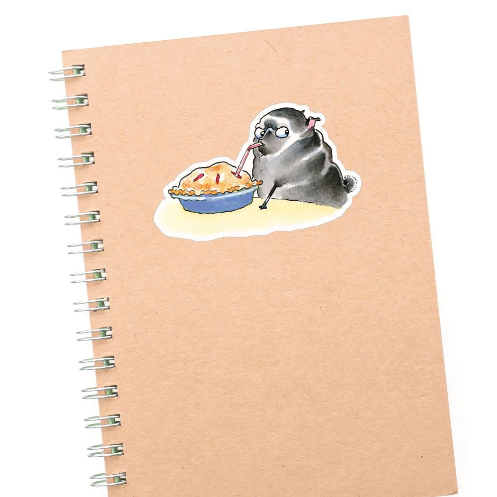 Smart Pug Eating Pie With Straw Black Sticker Decal
