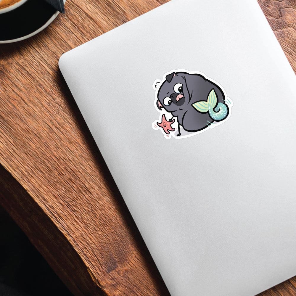 Pug Mermaid With Starfish Black Sticker Decal