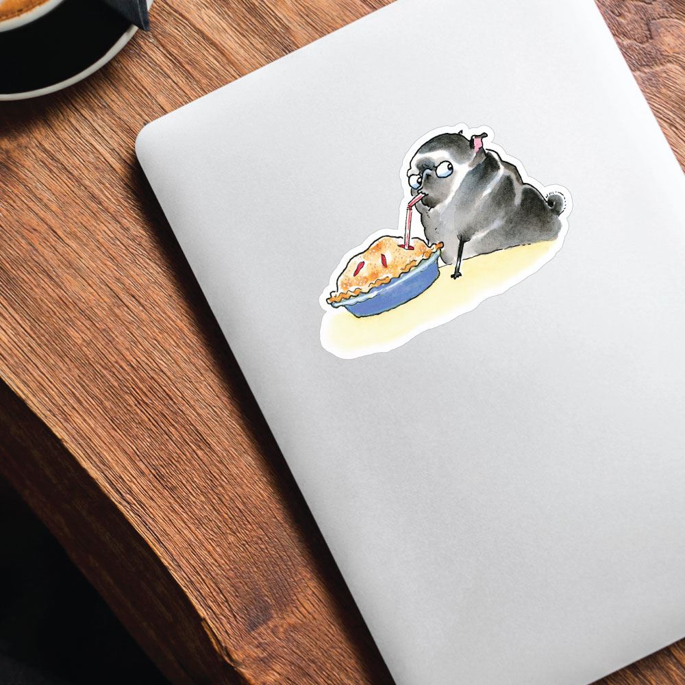 Smart Pug Eating Pie With Straw Black Sticker Decal