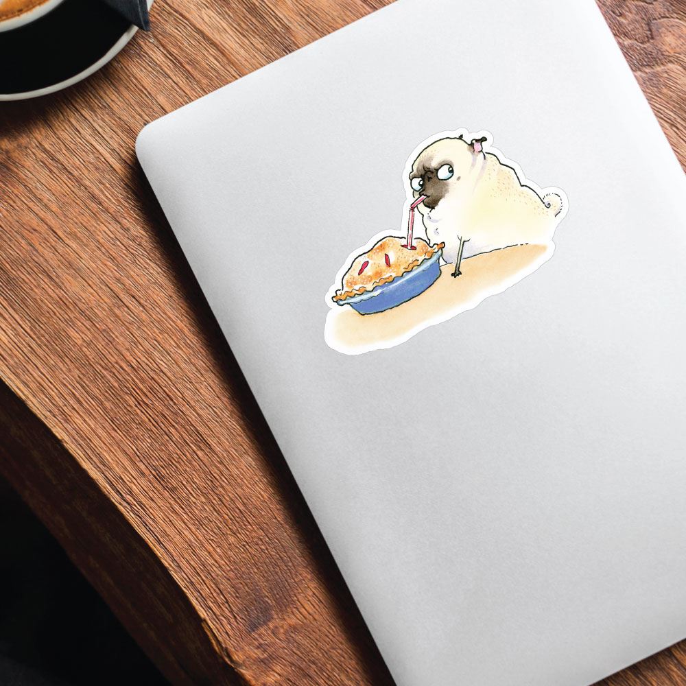 Smart Pug Eating Pie With Straw White Sticker Decal