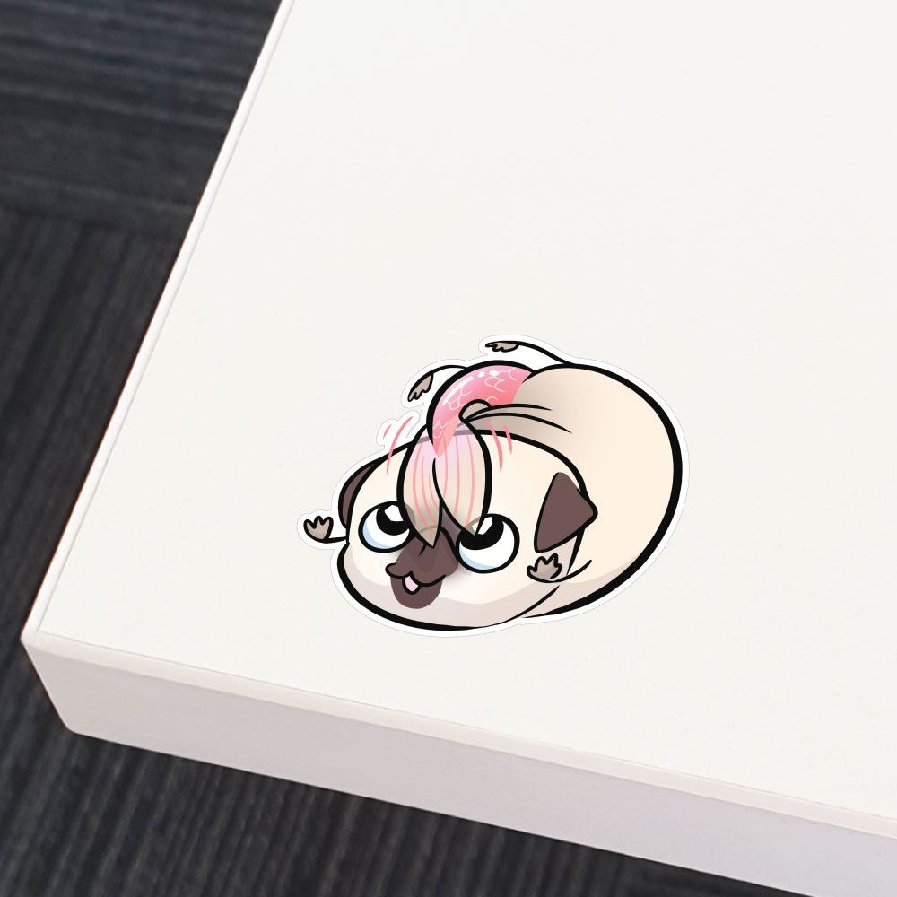 Pug Mermaid Swirly Twirly White Sticker Decal
