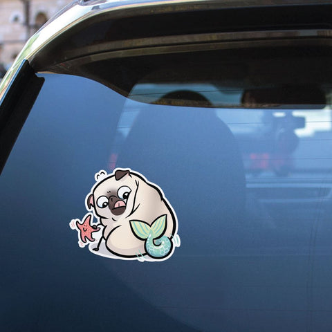 Pug Mermaid With Starfish White Sticker Decal