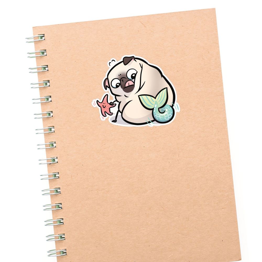 Pug Mermaid With Starfish White Sticker Decal