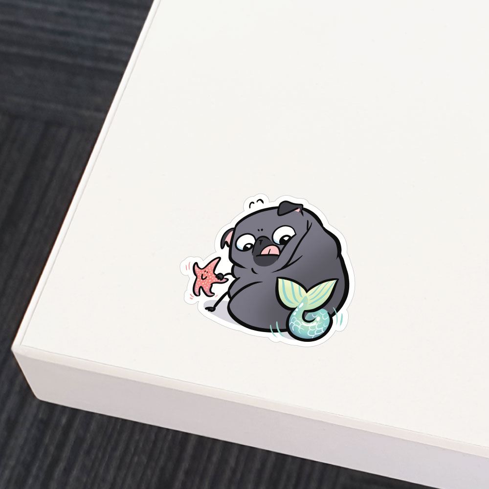 Pug Mermaid With Starfish Black Sticker Decal