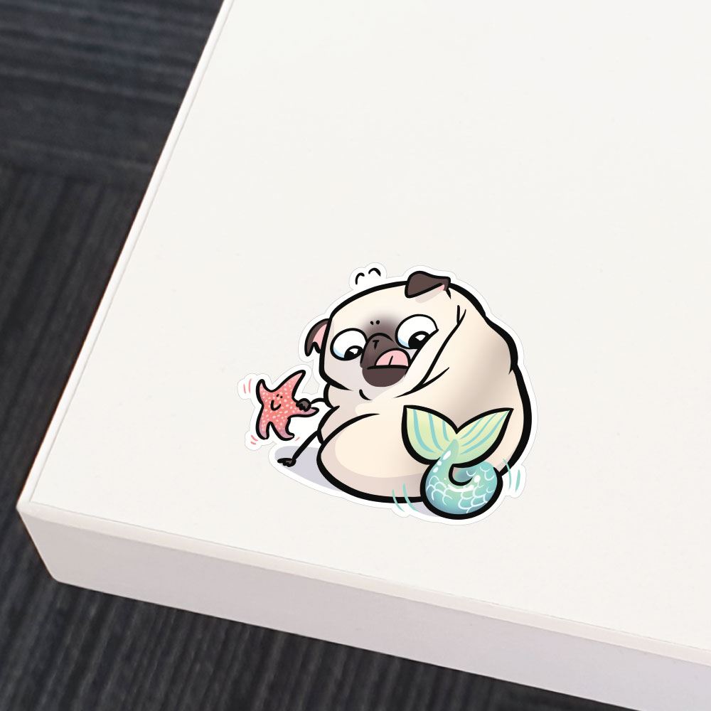 Pug Mermaid With Starfish White Sticker Decal
