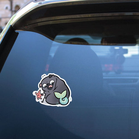 Pug Mermaid With Starfish Black Sticker Decal