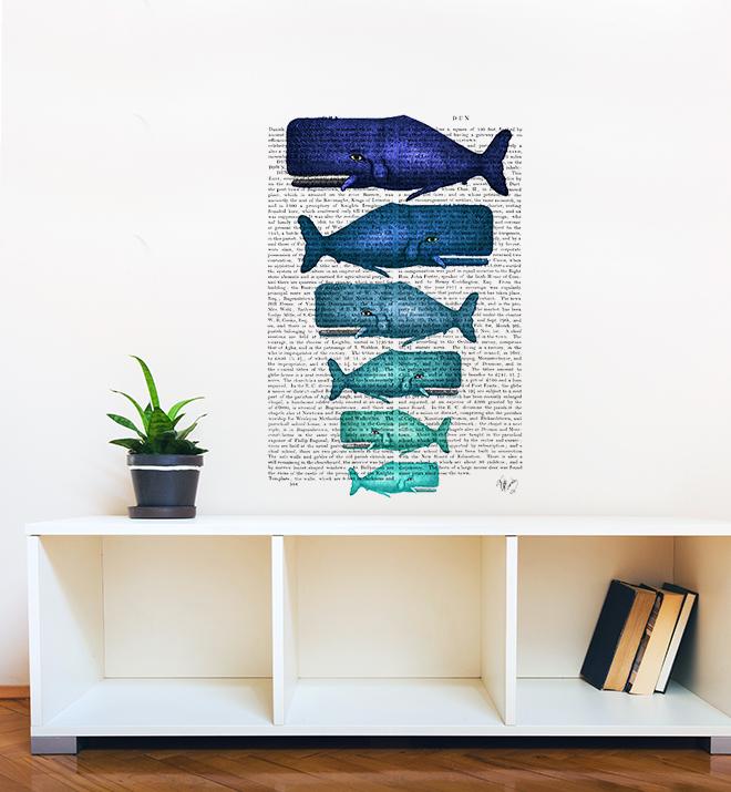Blue Whale Family On Newspaper Wall Sticker