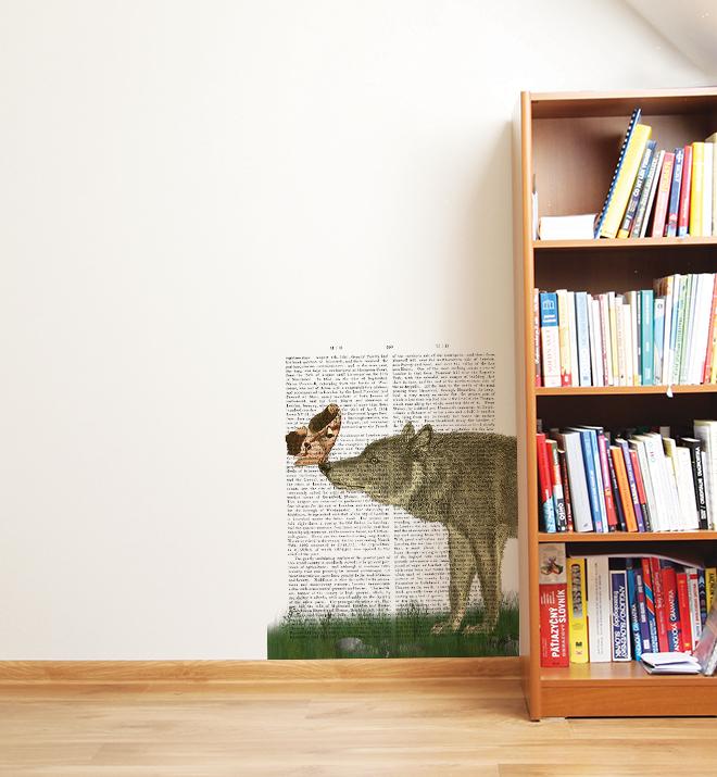 Wolf And Moth On Newspaper Wall Sticker