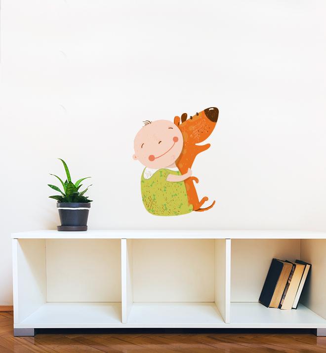 Little Boy Cuddling Dog Wall Sticker