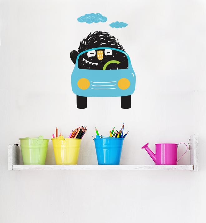 Cute Monster Driving Blue Car Wall Sticker
