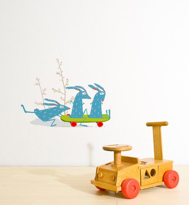 Rabbits Playing With Skateboard Wall Sticker