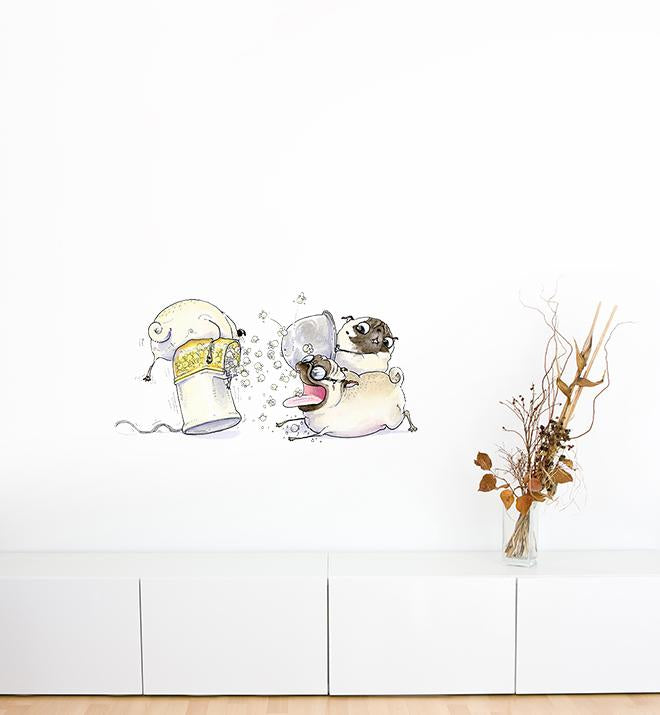 Three Popcorn Pugs Wall Sticker