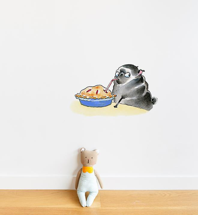 Smart Pug Eating Pie With Straw Black Wall Sticker