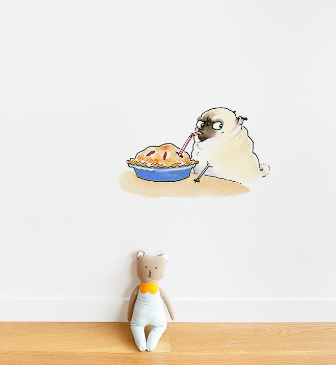 Smart Pug Eating Pie With Straw White Wall Sticker