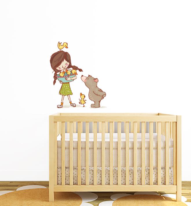 Girl With Chicks And Bear Friend Wall Sticker