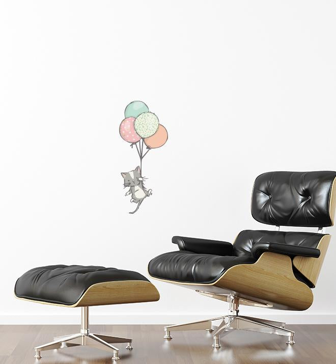 Cat Floating With Balloons Wall Sticker