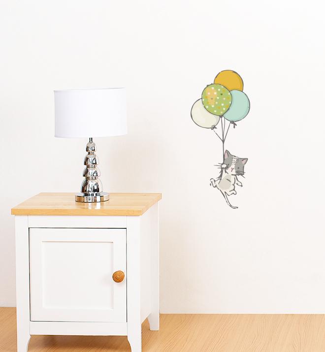 White Cat Floating With Balloons Wall Sticker
