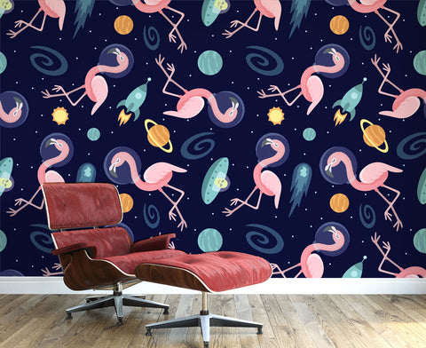Flamingos In Space Wall Mural
