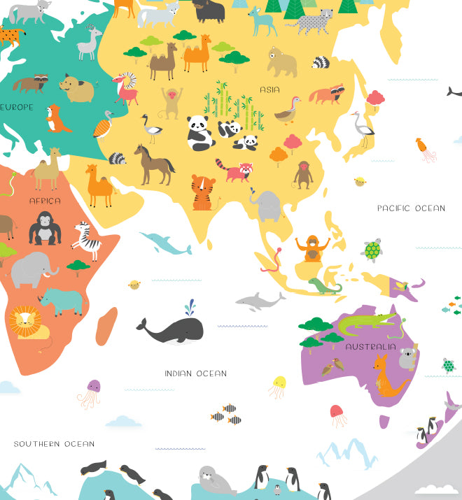 Animals of the World Map Wall Sticker