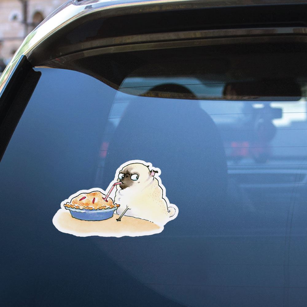 Smart Pug Eating Pie With Straw White Sticker Decal