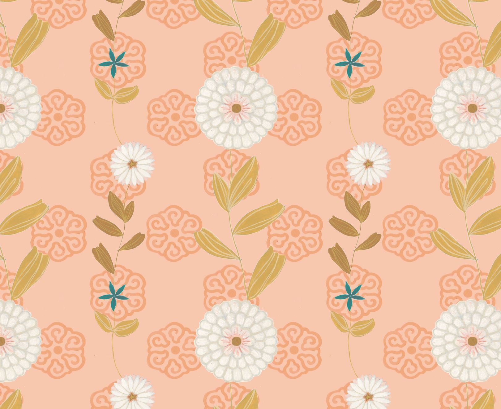 Peach White Floral Wallpaper